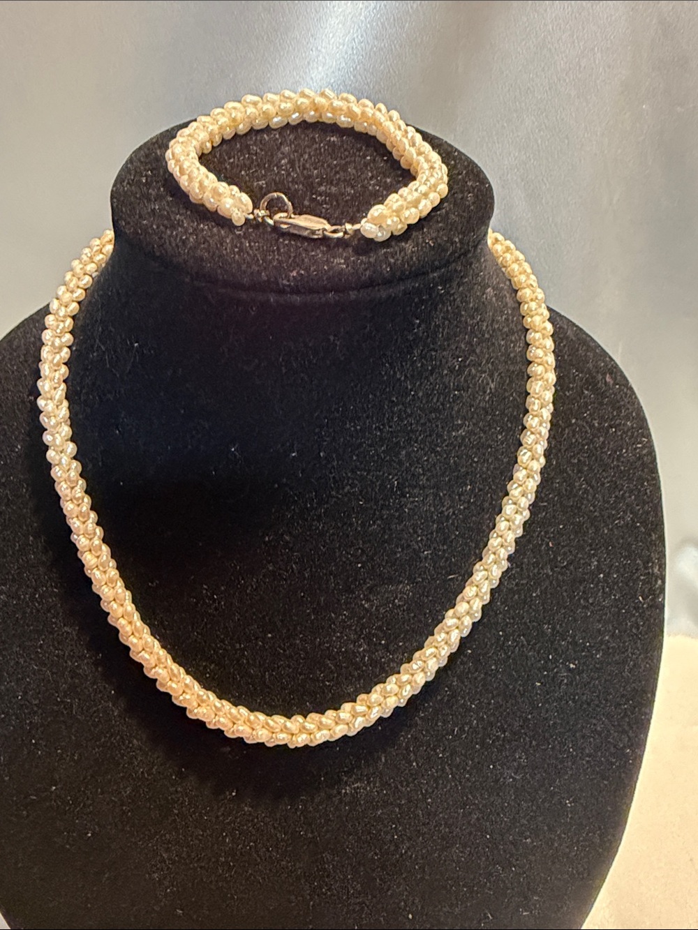 Classic Cream Pearl Rope Necklace and Bracelet Set sterling silver